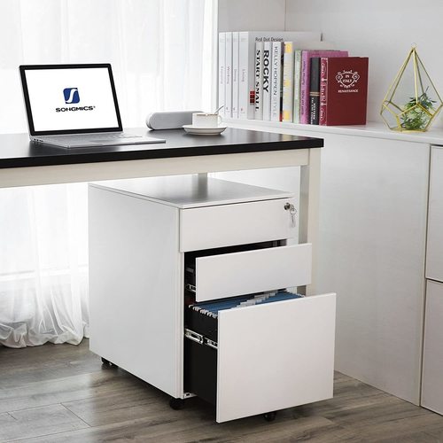 Check SONGMICS OFC60WT white mobile filing cabinet with 3 drawers and lock