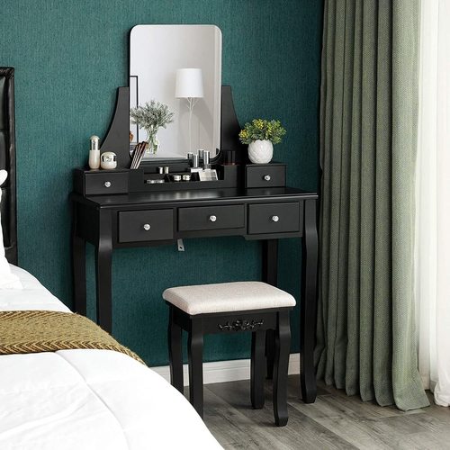 Check VASAGLE RDT25BK black dressing table with mirror, stool and 5 drawers
