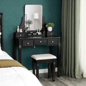VASAGLE RDT25BK black dressing table with mirror, stool and 5 drawers small 1