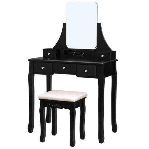 Check VASAGLE RDT25BK black dressing table with mirror, stool and 5 drawers