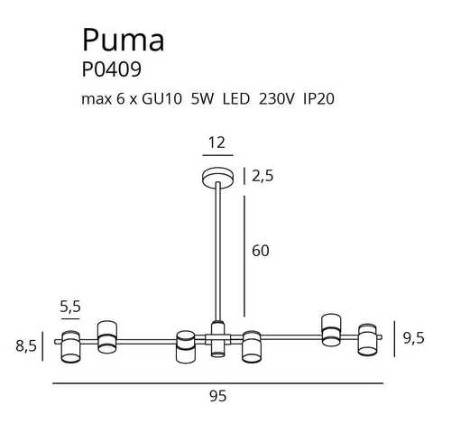 Check Pendant Light Max Light Puma P0409 Gold Black 6-Light 95 cm
