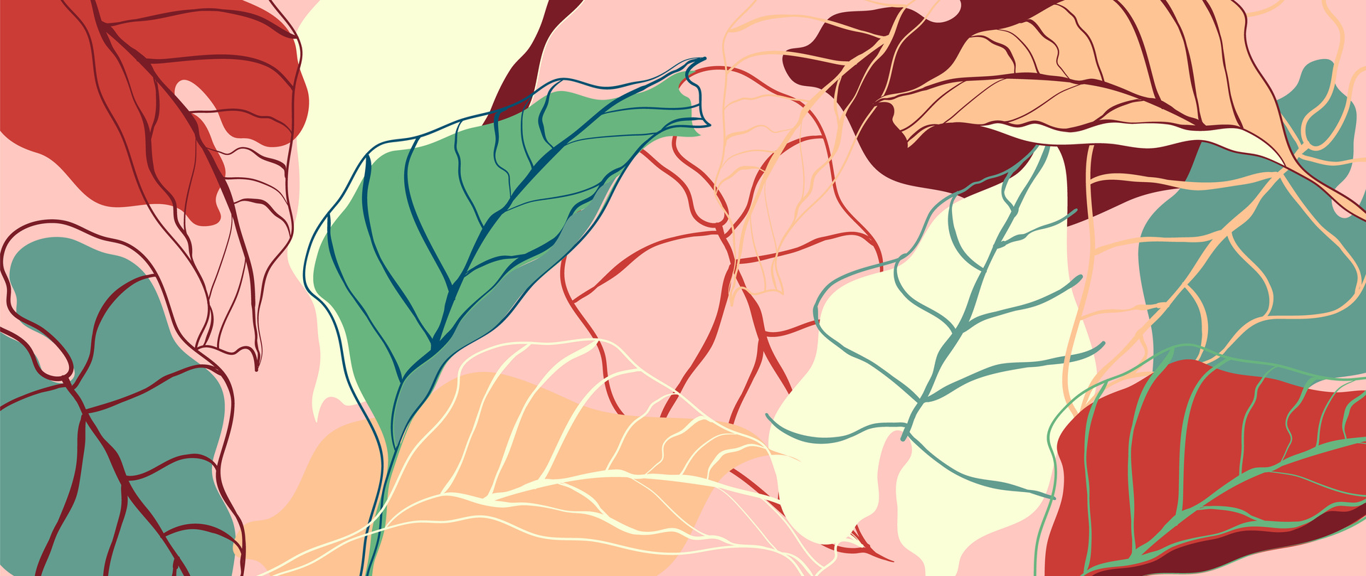 Wall mural colorful leaves, minimalism, pink, green, red, hues