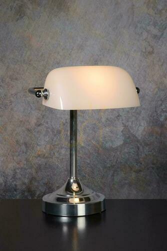 Check Lucide BANKER desk lamp, chrome with white opal glass shade, E14, 17504/01/11