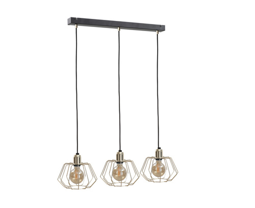 Check Hanging lamp 3xE27 LAYA GOLD, black bar, gold wire cage shades
