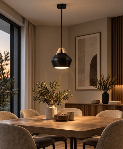 Check Keter Lighting NEGRO WOOD 158 pendant light, black with natural plywood, 1×E27, 28 cm
