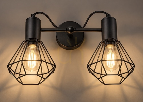 Check Keter Lighting Lars Black 1775 wall lamp, 2 × E27, diamond wire cage shades, black, 50 × 25 × 27 cm