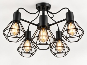 Keter Lighting Lars Black 1777 ceiling light, 5 × E27 max 60 W, wire cage shades, 60 × 60 × 39 cm small 1