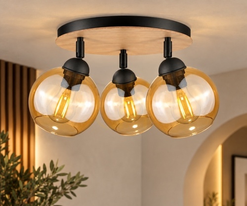 Check Keter Lighting THEA WOOD 2044 ceiling light, 3×E27, 30 cm, honey-coloured glass