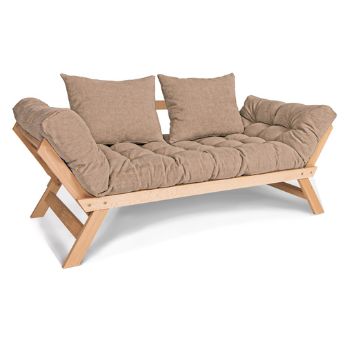 Check ALLEGRO WoodMan sofa bed oiled beech, beige fabric, 200x80 cm sleeping area