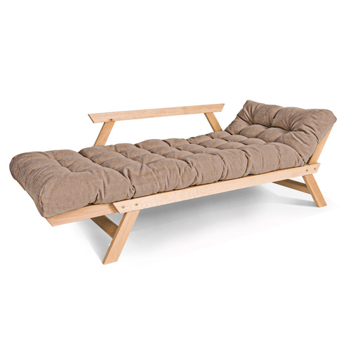 Check ALLEGRO WoodMan sofa bed oiled beech, beige fabric, 200x80 cm sleeping area