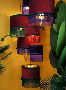 ANTIGUA Velvet Pendant Lamp Red and Green with Gold Parrot 45 cm Las Plumas small 3