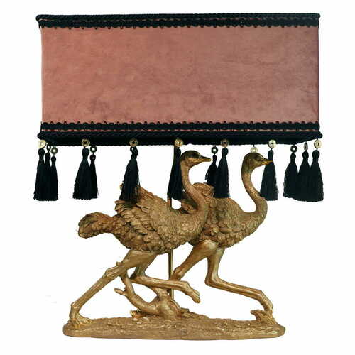 Check Las Plumas Pili LPPL01 floor lamp with golden ostriches and pink velvet shade, E27