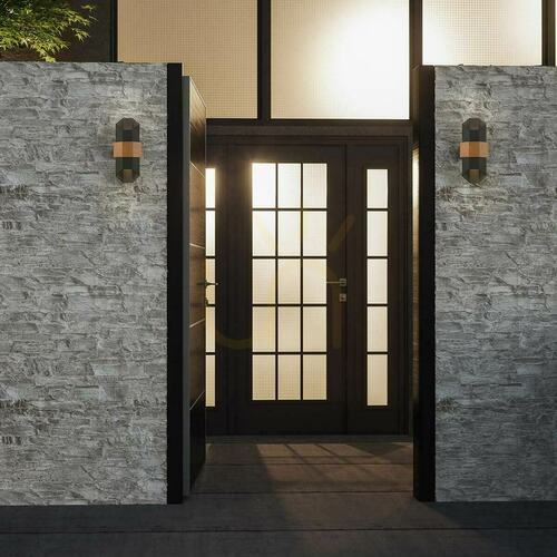 Check Chasm LED Wall Lantern - Medium - Matte Black with Wood-Effect Strap Elstead