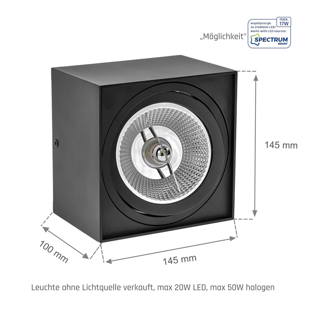 View Chloe Ar111 Surface Mounted Gu10 250 V Ip20 145x145x100 Black Square Movable Chloe Ar111 Surface Mounted Gu10 250 V Ip20 145x145x100 Black Square Movable