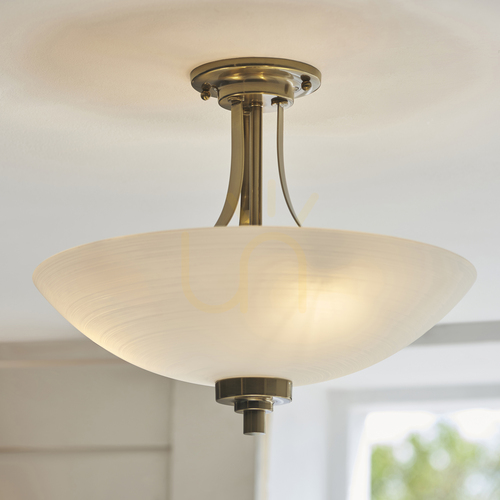 Check Endon Welles Semi-Flush Ceiling Light, 3×E27, Antique Brass and White Glass, 41 cm