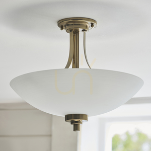 Endon Welles Semi-Flush Ceiling Light, 3×E27, Antique Brass and White Glass, 41 cm small 6