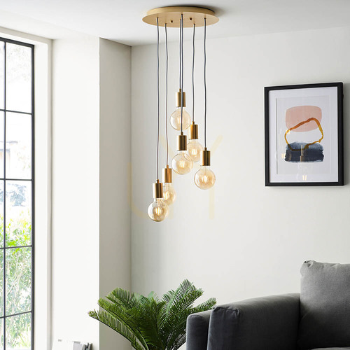 Check Studio Pendant Light Endon 98136 Gold Steel 6-Light E27 Adjustable