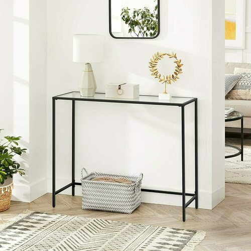 Check VASAGLE LGT026B01 Console Table, Black Metal and Tempered Glass, 100 × 35 × 80 cm
