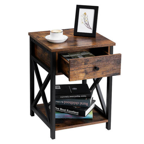 Check VASAGLE LET022B01 Nightstand with Drawer, 40 × 40 × 53 cm, Rustic Brown / Black