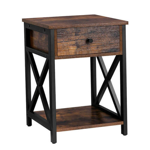 Check VASAGLE LET022B01 Nightstand with Drawer, 40 × 40 × 53 cm, Rustic Brown / Black