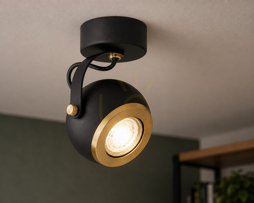 Check ARGON KOS PLUS 4902 ceiling and wall spotlight, black with brass-plated details, GU10