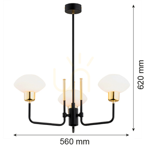 Argon Ravello 6166 3-light chandelier, black and brass, opal glass, E14 small 6