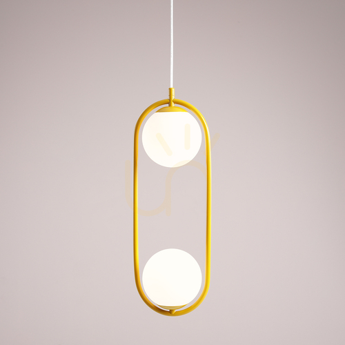 Check Aldex Riva 2 Mustard 1086H14 Pendant Light – Mustard Frame, 2 White Glass Globes, 2x E14