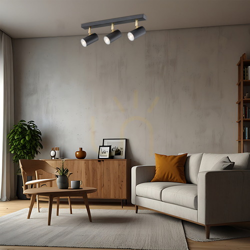 Check ARGON Lagos 1476 ceiling spotlight bar, matt black with brass-coloured details, 3×GU10