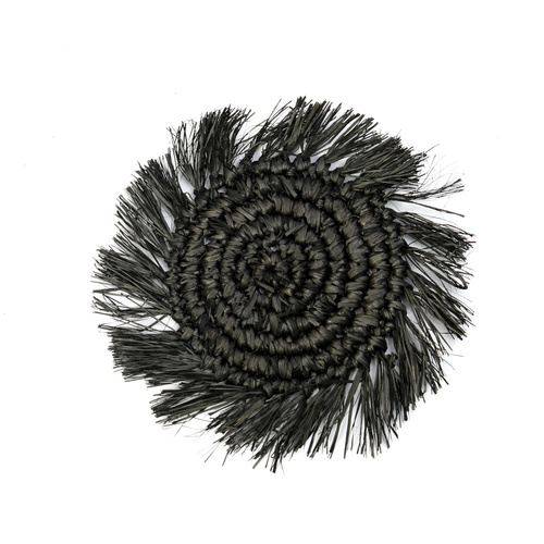Check Fringe Raffia Coaster - black