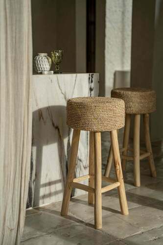 Check BAZAR BIZAR Raffia bar stool, teak wood and raffia, natural, 75 cm