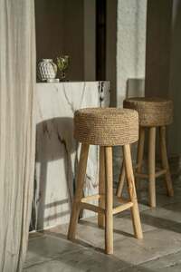BAZAR BIZAR Raffia bar stool, teak wood and raffia, natural, 75 cm small 4