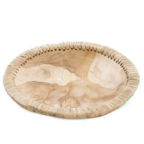 Check Teak Wood Leather Bowl Natural BAZAR BIZAR L