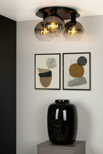 Check Lucide Marius ceiling light, 3×E27, black metal and smoke-grey glass, 50 cm, 74114/03/30