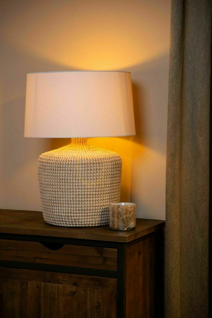 Lucide Ambala Japandi Table Lamp Wood White Seagrass E27 64 cm 10552/81/73