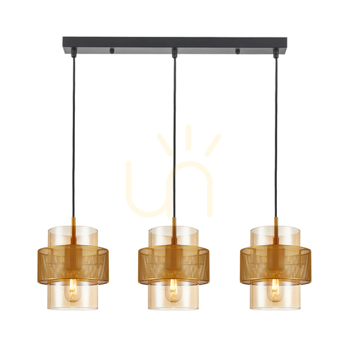 Check Italux 3-Light Pendant Lamp Gold Amber Steel Glass E27 PND-22132-3S-GD-AMB