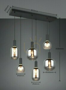 Trio DIVA 319800632 pendant light, matt black, chrome-coated glass, 6 × E27 small 6