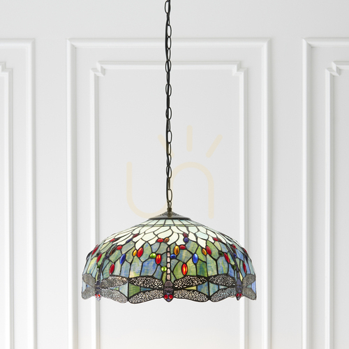 Check Dragonfly Tiffany Blue Pendant Lamp Interiors 50 cm Glass Steel E27 3-Light