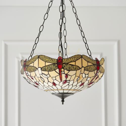 Check Tiffany Beige Pendant Light 3-Point Glass Steel E27 Interiors 70759