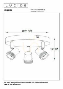 Lucide KIANTI black ceiling spotlight, 3 adjustable GU10 heads, metal, Ø 21 cm 53901/13/30 small 6