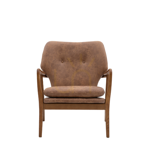 Check Armchair Gallery Direct Jensen Brown Leather Mid-Century Oak Frame