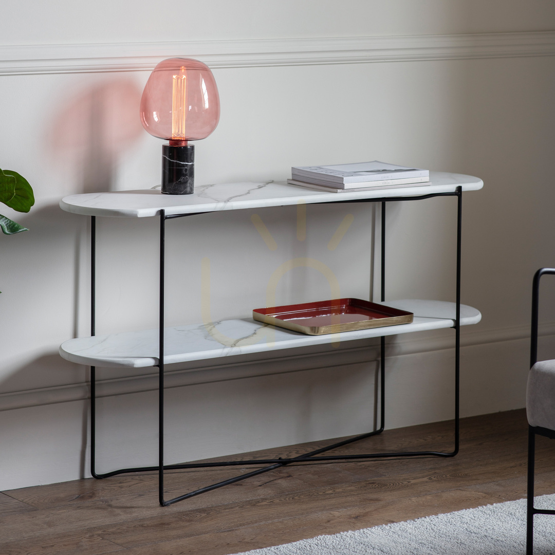 View Console Table Gallery Direct Linford White Faux Marble Black Metal 120cm Console Table Gallery Direct Linford White Faux Marble Black Metal 120cm