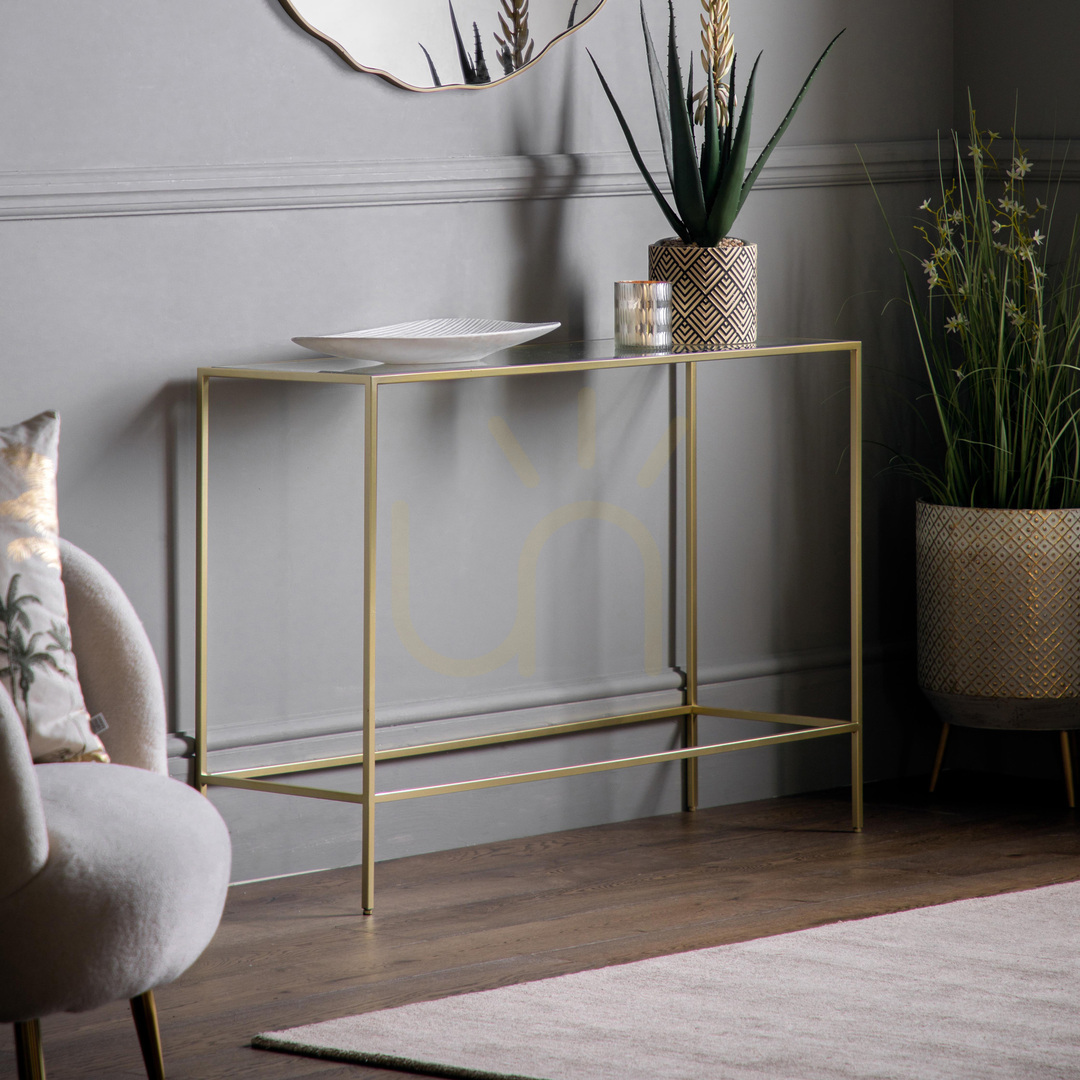 View Console Table Gallery Direct Rothbury Champagne Glass Iron 110 x 35 x 76 cm Console Table Gallery Direct Rothbury Champagne Glass Iron 110 x 35 x 76 cm