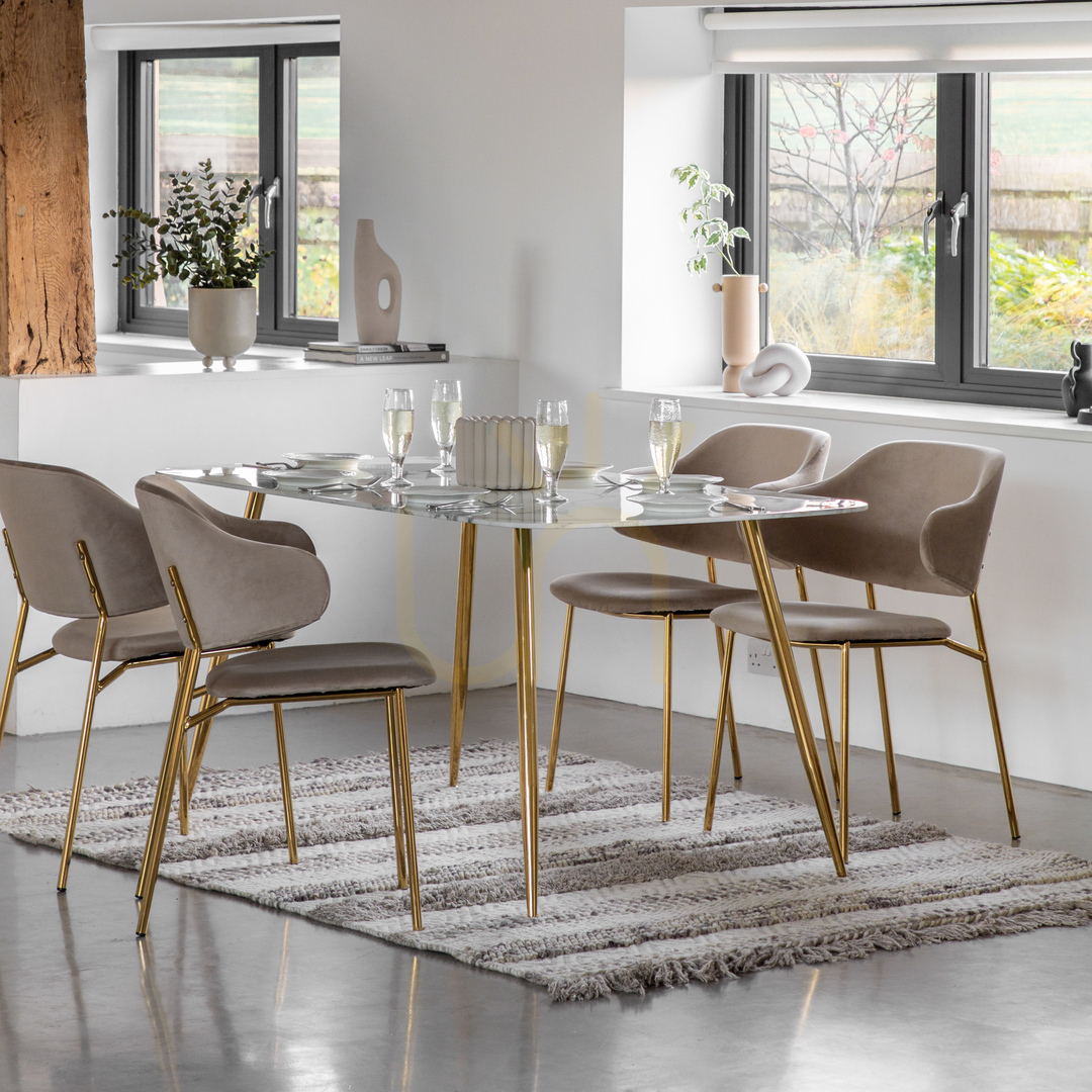 View Dining Table Gallery Direct Evans White Marble Effect Glass Gold Iron 160x90cm Dining Table Gallery Direct Evans White Marble Effect Glass Gold Iron 160x90cm