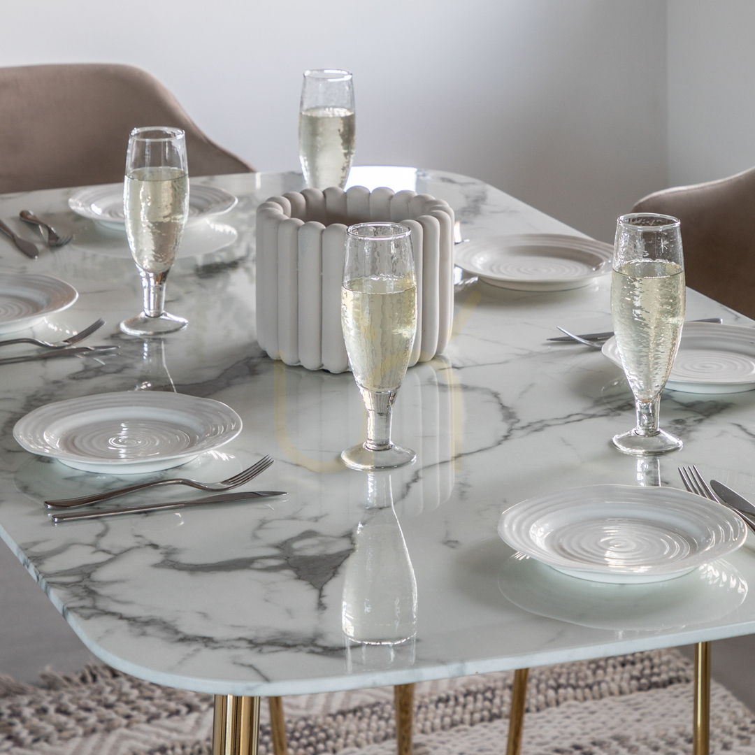 Check Dining Table Gallery Direct Evans White Marble Effect Glass Gold Iron 160x90cm Dining Table Gallery Direct Evans White Marble Effect Glass Gold Iron 160x90cm