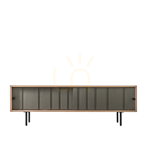 Check Media Unit Gallery Direct Fuji Oak Grey Sliding Door TV Stand 140x42x44cm