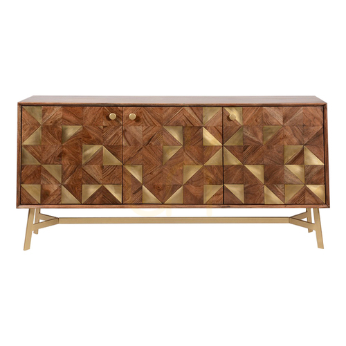 Check Sideboard Gallery Direct Tate 3 Door Acacia Brass Brown Gold 142cm 5056272006627