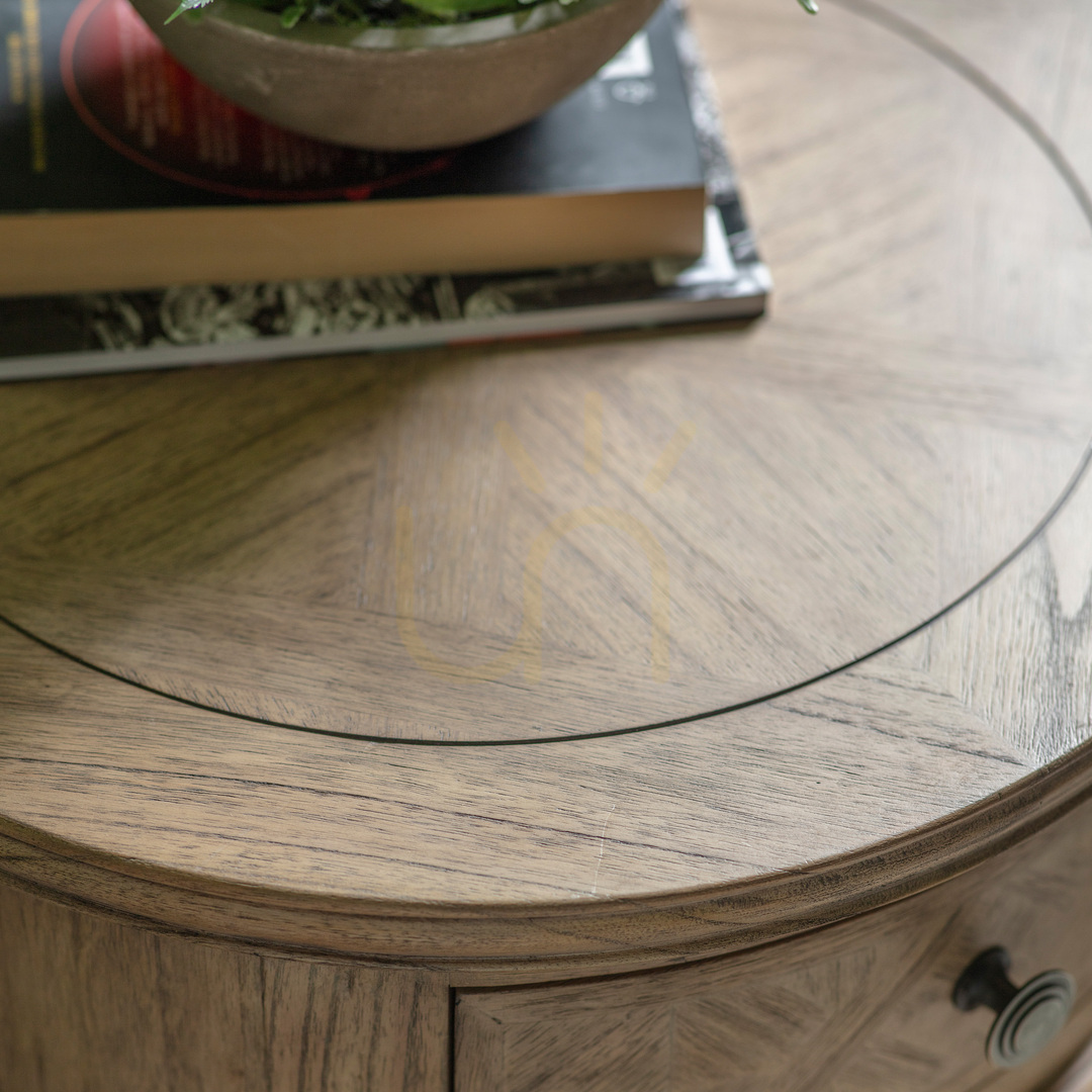Preview Round Side Table with Drawer Gallery Direct Mustique Natural Mindy Ash 53cm Round Side Table with Drawer Gallery Direct Mustique Natural Mindy Ash 53cm