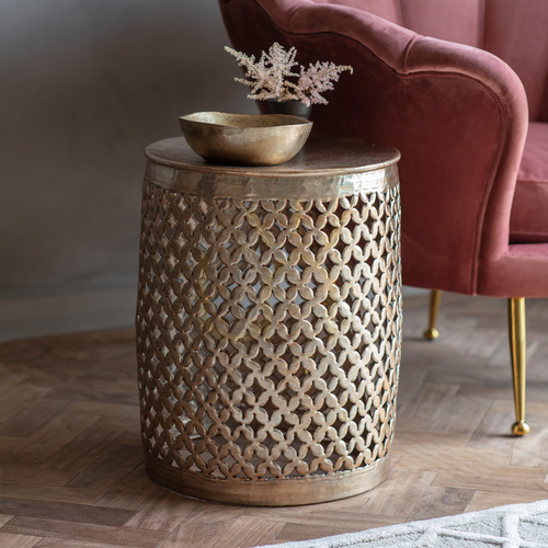 Check Gallery Direct Khalasar Side Table in Light Gold Hammered Metal 40 × 40 × 48 cm