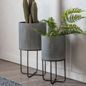 Set of 2 Metal Planters with Stand Grey Iron 30x58cm Gallery Direct 5059413675836 small 1