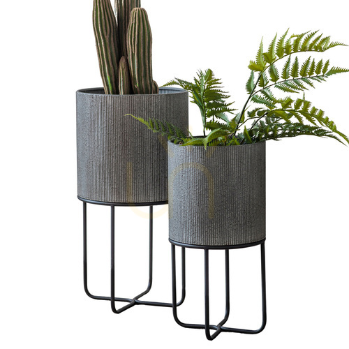 Check Set of 2 Metal Planters with Stand Grey Iron 30x58cm Gallery Direct 5059413675836